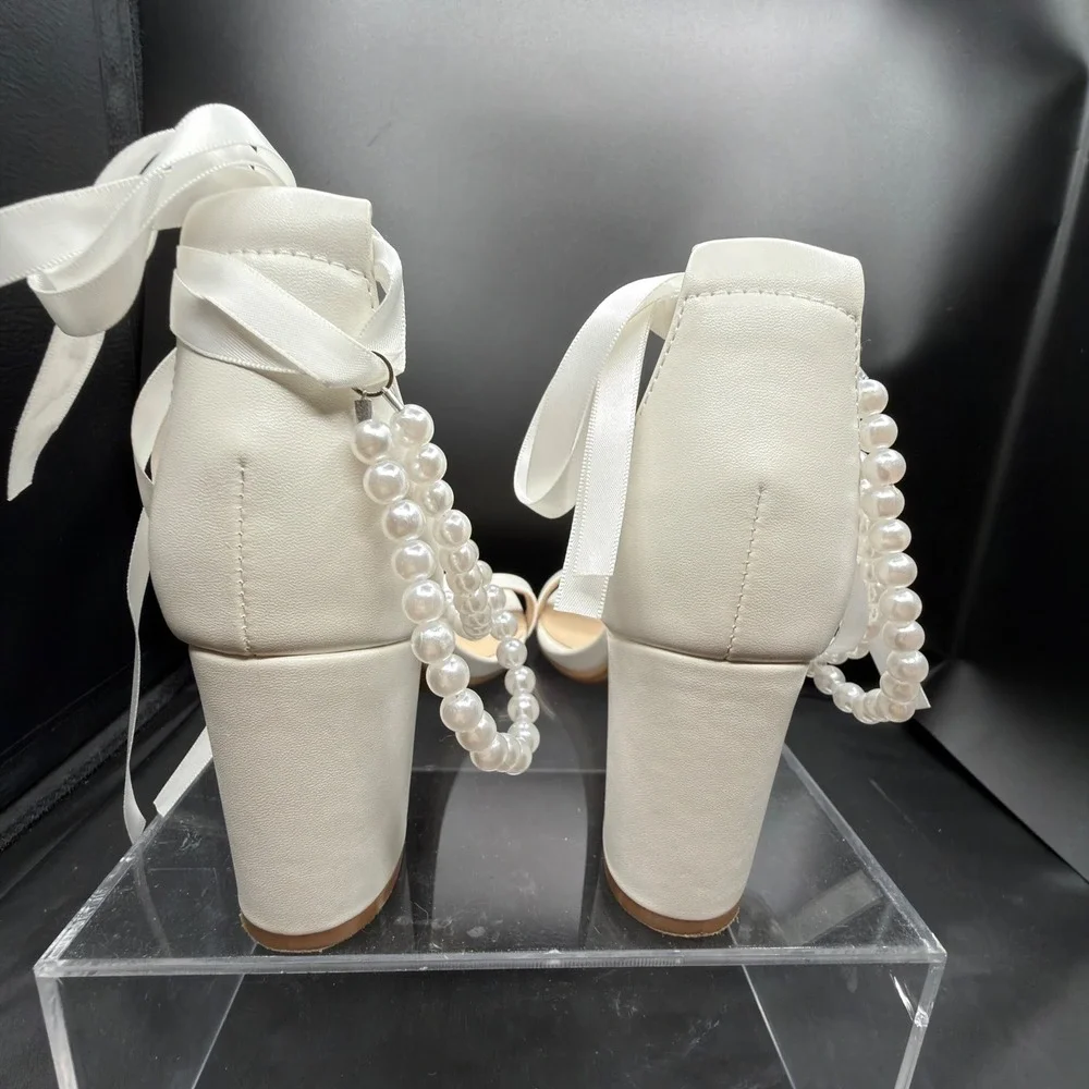 Aris White Pearl Ribbon Tie Block Heel Sandals Faux Leather Wedding Shoes 6